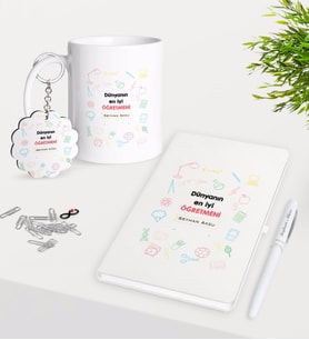 BK Gift Kişiye Özel Dünyanın En İyi Öğretmeni Kupa Anahtarlık Beyaz Defter Kalem Hediye Seti-14 (Model 1)