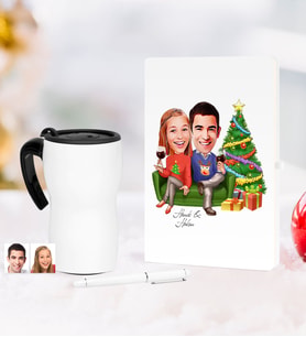 BK Gift Kişiye Özel Sevgililer Karikatürlü Beyaz Defter Kalem Termos Mug Seti - 4