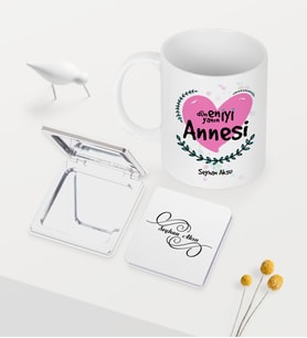 BK Gift Kişiye Özel Dünyanın En İyi Annesi Beyaz Kupa Ayna Seti - 11 (Model 1)