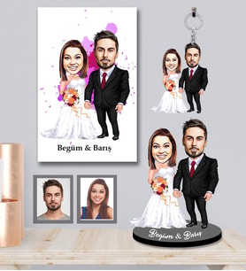 Kişiye Özel Gelin Damat Karikatürlü 3 lü Hediye Seti  Mod-8