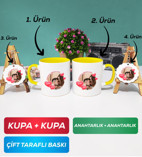 İkili Sarı Sevgiliye Sevgililer Günü Hediyesi 8 Kupa Bardak Anahtarlık