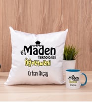 Maden Teknolojisi Öğretmeni Kare Yastık ve Mavi Kupa Bardak