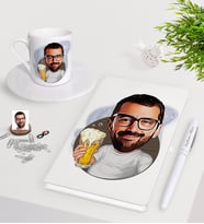 BK Gift Kişiye Özel Erkek Karikatürlü Beyaz Defter Kalem Türk Kahvesi Fincanı Seti-5 (Model 1)