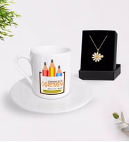 BK Gift Kişiye Özel Dünyanın En İyi Öğretmeni Türk Kahvesi Fincanı ve İsimli Papatya Kolye Hediye Seti-20 (Model 1)