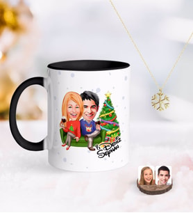 BK Gift Kişiye Özel Yeni Yıl Sevgililer Karikatürlü Siyah Kupa ve Kar Tanesi Kolye-4 (Model 1)