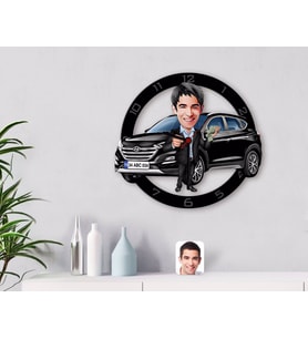 BK Gift Kişiye Özel Plakalı Erkek Hyundai Tucson Karikatürlü Ahşap Duvar Saati-2 (Beyaz)