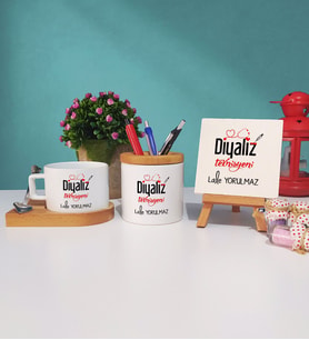 Diyaliz Teknisyeni Hediye Ahşap Altlıklı Fincan Kalemlik ve Dekoratif Taş Baskı Hediye Seti