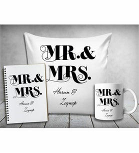 Kişiye Özel Mr. Mrs. Sevgili Yastığı & Kupa & Defter