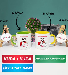 İkili Yeşil Sarı Sevgiliye Sevgililer Günü Hediyesi 10 Kupa Bardak Anahtarlık