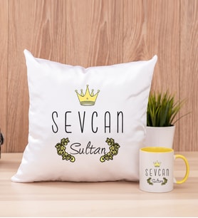 Evimizin SultanI Kare Yastık ve Sarı Kupa Bardak
