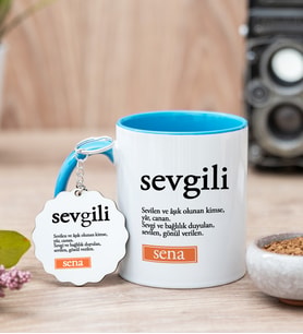 Sevgili Kelime Anlamı Mavi Kupa Bardak Ve Anahtarlık Set