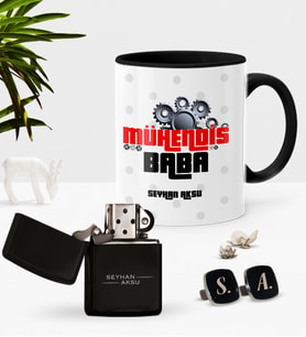 BK Gift Kişiye Özel Mühendis Baba Siyah Kupa Çakmak Kol Düğmesi Seti-1 (Model 1)