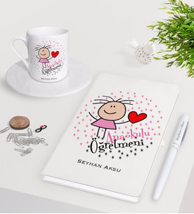 BK Gift Kişiye Özel Anaokulu Öğretmeni Beyaz Defter Kalem Türk Kahvesi Fincanı Seti-5 (Model 1)