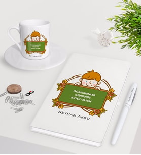 BK Gift Kişiye Özel Öğretmenler Günümüz Kutlu Olsun Beyaz Defter Kalem Türk Kahvesi Fincanı Seti-4 (Model 1)