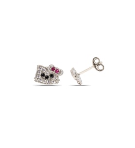 Kadın Kedi Hello Kitty Tasarım Çocuk 925 Ayar Gümüş Küpe