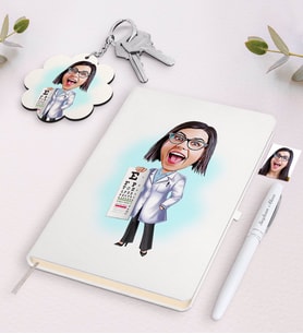 BK Gift Kişiye Özel Kadın Göz Doktoru Karikatürlü Beyaz Defter Kalem ve Anahtarlık Hediye Seti (Model 1)