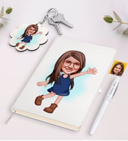 BK Gift Kişiye Özel Kız Çocuk Karikatürlü Beyaz Defter Kalem ve Anahtarlık Hediye Seti-4 (Model 1)