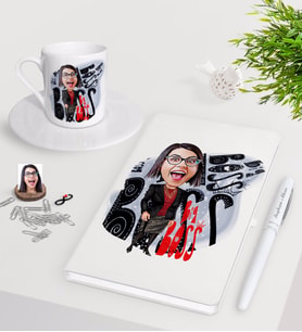 BK Gift Kişiye Özel Bayan Big Boss Karikatürlü Beyaz Defter Kalem Türk Kahvesi Fincanı Seti-3 (Model 1)