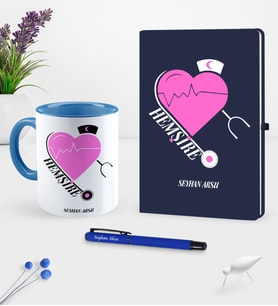 BK Gift Kişiye Özel Hemşire Temalı Lacivert Defter Kalem Kupa Seti - 6 (Model 1)