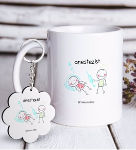 BK Gift Kişiye Özel Mesleki Anestezist Beyaz Kupa ve Anahtarlık Hediye Seti (Model 1)