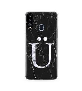 Samsung A20s Siyah Mermer Harf Tasarımlı Telefon Kılıfı Ü-Harfi 