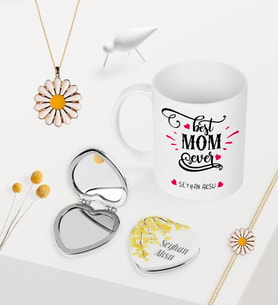 BK Gift Kişiye Özel En İyi Anne Kupa Kalp Ayna Papatya Kolye Bileklik Seti - 4 (Model 1)