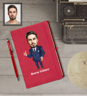 Kişiye Özel İş Adamı Karikatürlü  Kırmızı Defter Kalem Hediye Seti Bay-19