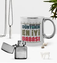 BK Gift Kişiye Özel Dünyanın En İyi Babası Krom Kupa Benzinli Çakmak Kolye Seti-1 (Model 1)