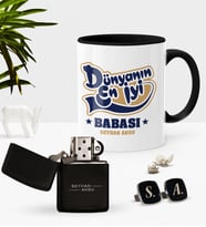 BK Gift Kişiye Özel Dünyanın En İyi Babası Siyah Kupa Çakmak Kol Düğmesi Seti-2 (Model 1)