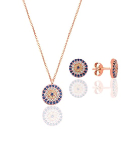 Söğütlü Silver Gümüş rose zirkon taşlı nazar kolye ve küpe gümüş ikili set