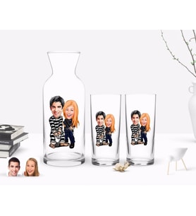 BK Gift Kişiye Özel Renkli Baskılı Sevgililer Karikatürlü İkili Rakı Bardağı ve Karaf Hediye Seti-7 (Model 1)