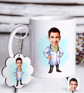 BK Gift Kişiye Özel Erkek Doktor Karikatürlü Beyaz Kupa ve Anahtarlık Hediye Seti-1 (Model 1)