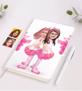 BK Gift Kişiye Özel Kız Kardeşler Karikatürlü Beyaz Defter ve Kalem Hediye Seti-3