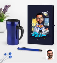 BK Gift Kişiye Özel Bay Doktor Karikatürlü Lacivert Defter Kalem Termos Mug Seti - 1 (Model 1)