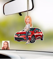 BK Gift Kişiye Özel Bayan Renault Clio Karikatürlü Ahşap Araba Dikiz Ayna Süsü (Beyaz)