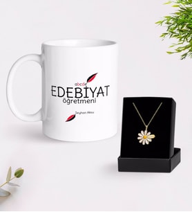 BK Gift Kişiye Özel Edebiyat Öğretmeni Kupa Ve Papatya Kolye Hediye Seti-5 (Model 1)