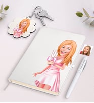 BK Gift Kişiye Özel Bayan Karikatürlü Beyaz Defter Kalem Ve Anahtarlık Hediye Seti-41 (Model 1)