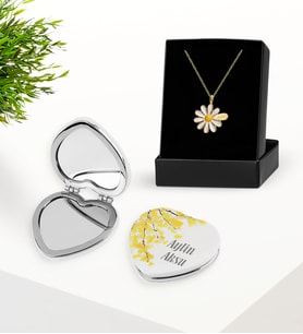 BK Gift Kişiye Özel İsimli Papatya Kolye ve Çiçekli Ayna Set