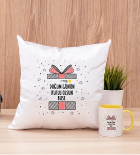 Doğum Günü Hediyesi Kare Yastık ve Sarı Kupa Bardak