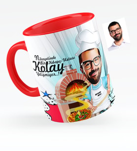 BK Gift Kişiye Özel Bay Kebapçı Ustası Karikatürlü Kırmızı Kupa Bardak  1