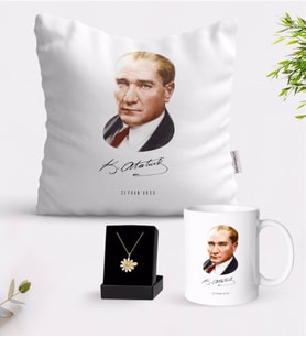 BK Gift Kişiye Özel Atatürk Temalı Beyaz Kupa Yastık ve İsimli Papatya Kolye Hediye Seti-12 (Model 1)