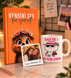 Kalk Kız Alem Beybi Görsün Kupa & Kendini Sev Defter Kişiye Özel Hediye Seti