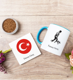 Atatürk Ve Türk Bayraklı Mavi Kupa Bardak Ve Bardak Altlığı Seti