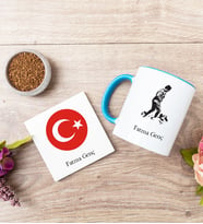 Atatürk Ve Türk Bayraklı Mavi Kupa Bardak Ve Bardak Altlığı Seti
