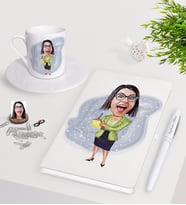 BK Gift Kişiye Özel Sekreter Karikatürlü Beyaz Defter Kalem Türk Kahvesi Fincanı Seti (Model 1)