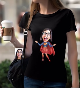 BK Gift Kişiye Özel Süper Anne Karikatürlü Siyah T-Shirt