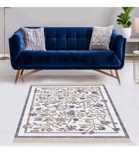 Çiçek Desenli Çerçeveli Dijital Baskı Yıkanabilir Kaymaz Taban Modern Salon Halı ve Yolluk (Mavi)