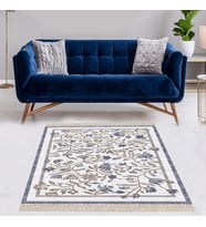 Çiçek Desenli Çerçeveli Dijital Baskı Yıkanabilir Kaymaz Taban Modern Salon Halı ve Yolluk (Mavi)