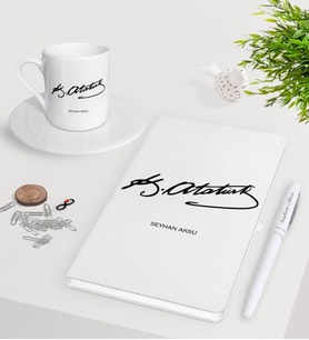 BK Gift Kişiye Özel Atatürk İmzalı Beyaz Defter Kalem Türk Kahvesi Fincanı Seti-1 (Model 1)