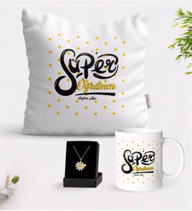 BK Gift Kişiye Özel Süper Öğretmen Beyaz Kupa Yastık ve İsimli Papatya Kolye Hediye Seti-1 (Model 1)